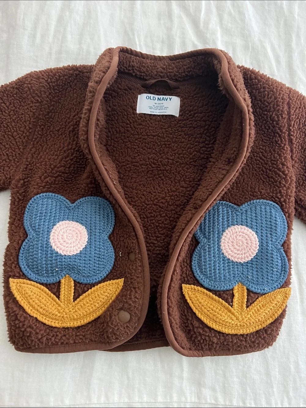 Girls' Brown Sherpa Jacket with Blue Flower Pockets